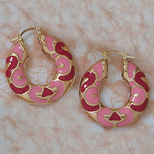 Puffed Pink & Red Enamel Earrings